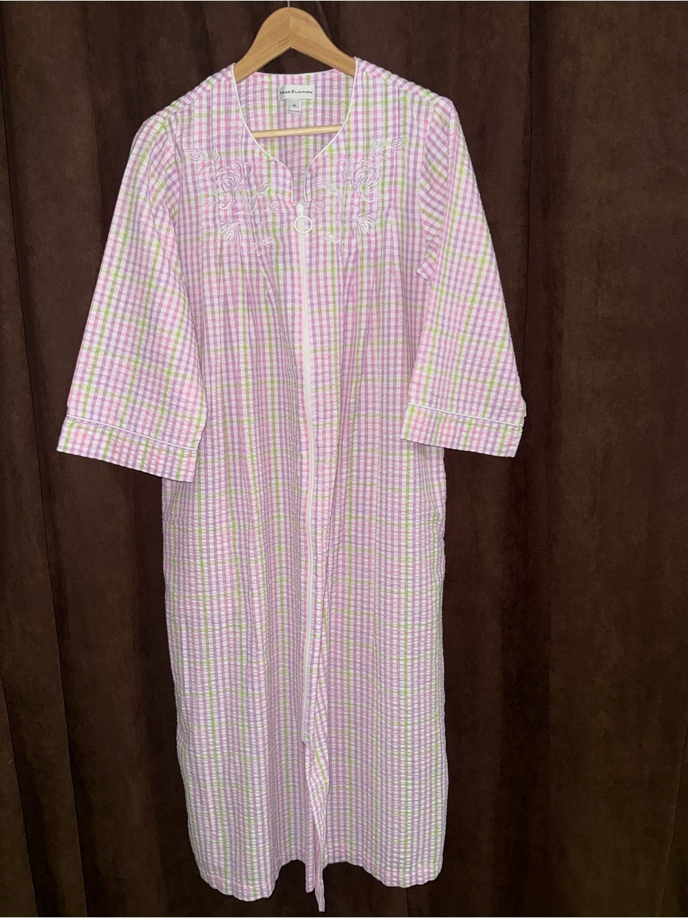 Miss Elaine Pink and White Plaid Long Button-Front Robe